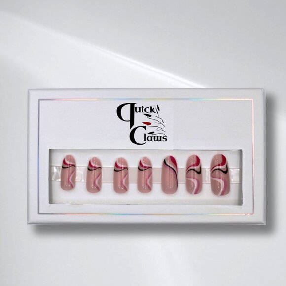 Chic Rounded Press-On Nails with Pink, Black & Fuchsia Swirls - Picture 4 of 4